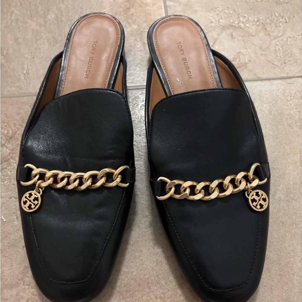Tory Burch Black Mules with Gold Chain Accent